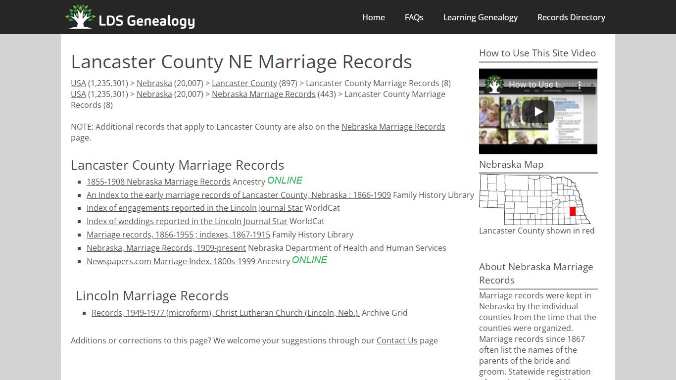 Lancaster County NE Marriage Records - LDS Genealogy